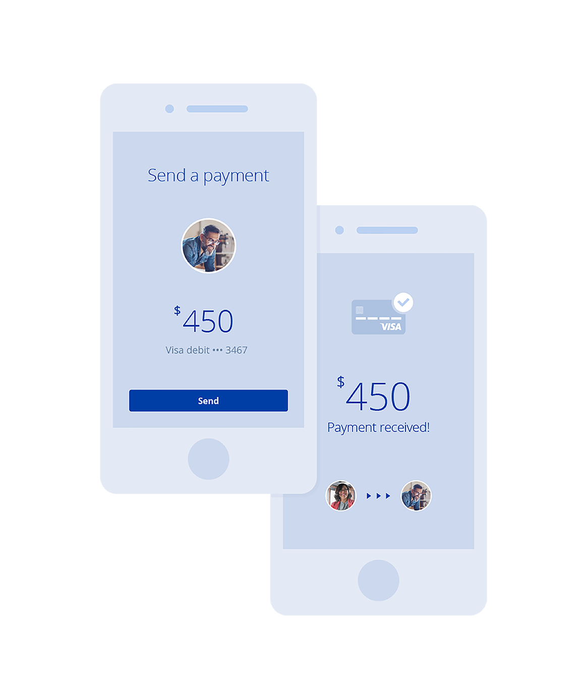Two mobile phones showing payment sent and payment received.