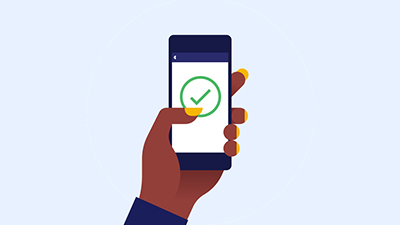 Illustration of hand holding a phone, with a screen that displays a checkmark.