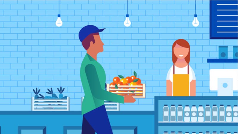 Illustration depicts a delivery person dropping off fruit to café.