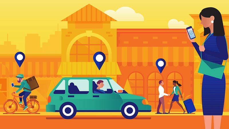 An illustration of a street filled with people depicts the ability of Visa Direct to reach payees everywhere.