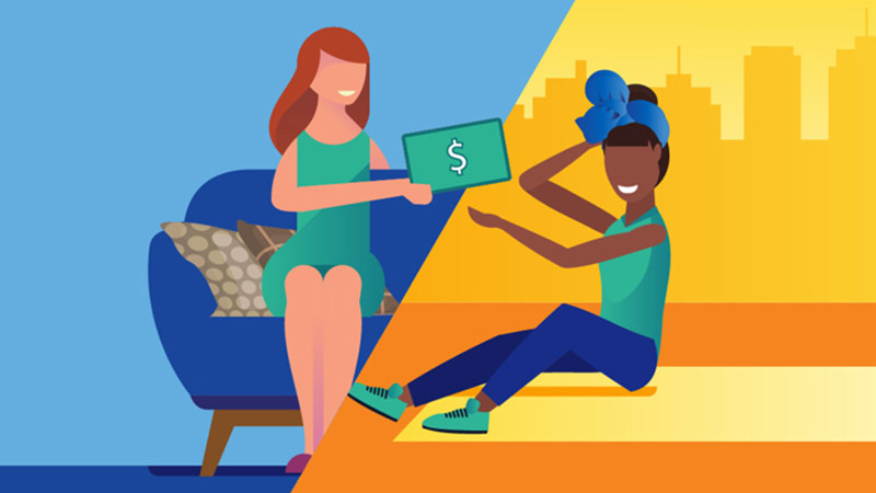An illustration of a woman sending money to another woman, in a different part of the world.