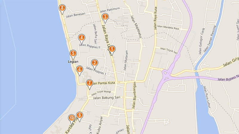 A map showing ATM locations on the Bali island